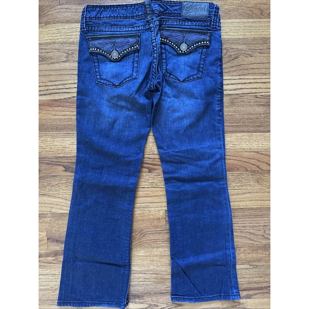 SINFUL Denim Bootcut Jean Pants by AFFLICTION Angel Wing Pocket Size 28 (32”)